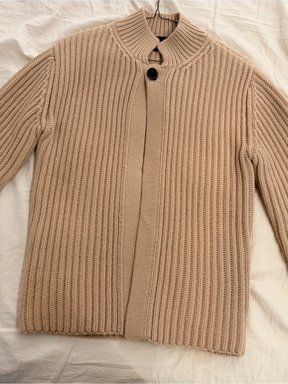 WE11DONE Men's Ribbed Stand-Collar Cardigan Sweater in Light Beige